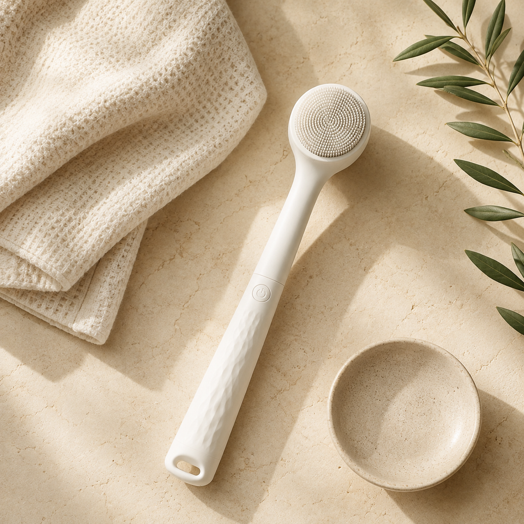 A white Bristlewell brush lying flat on warm stone beside a folded waffle towel and a small ceramic dish