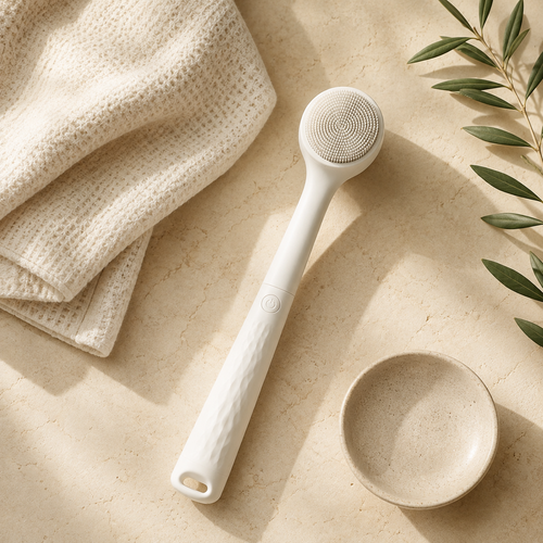 A white Bristlewell brush lying flat on warm stone beside a folded waffle towel and a small ceramic dish