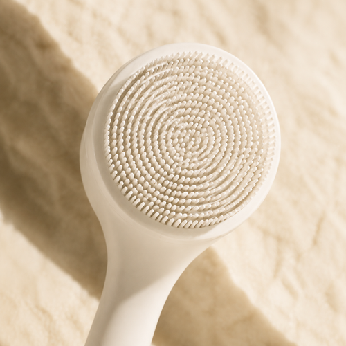 Close-up of a Bristlewell brush head fitted to a white handle, showing the dense circular bristle face